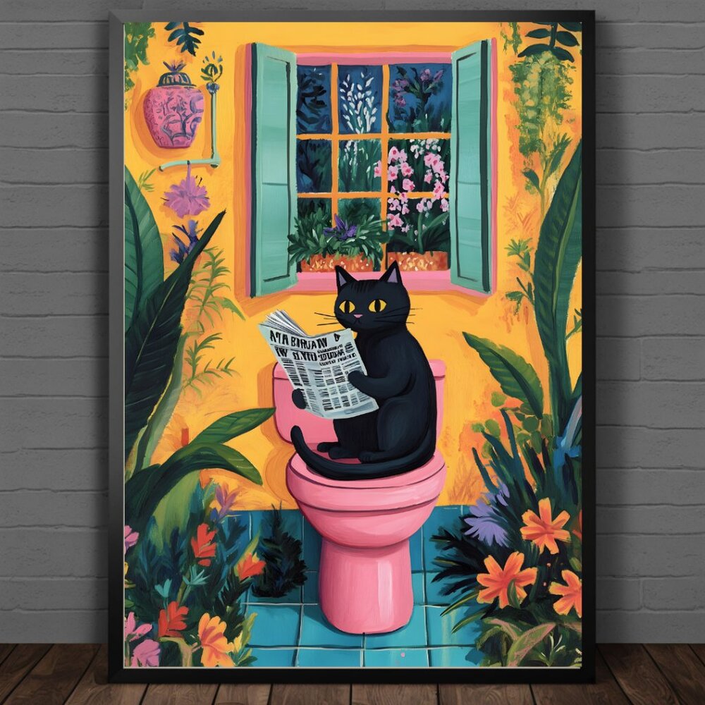 Black Cat in Bathroom– Colorful and Whimsical Bathroom- 8.5x11 Framed Art Print